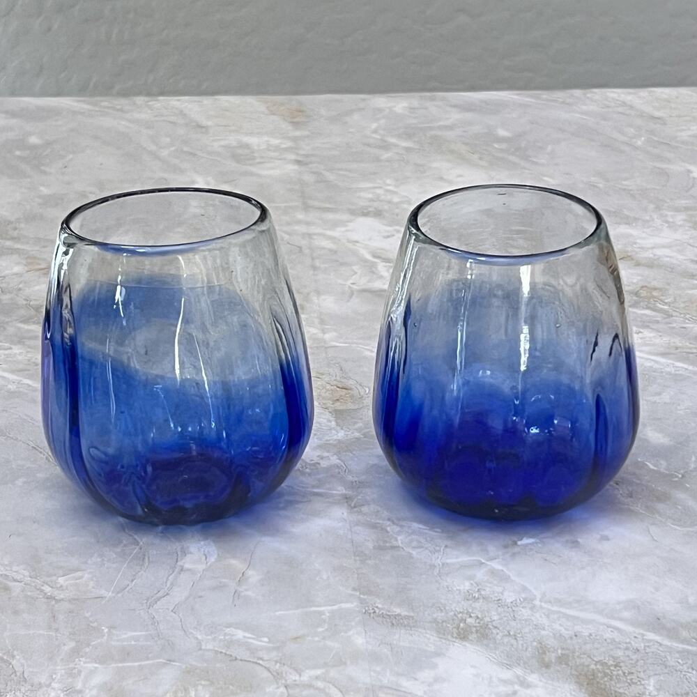 Amici Home Rosa Mexican Stemless Wine Glasses Cobalt Blue Set Of 2 Hand Blown